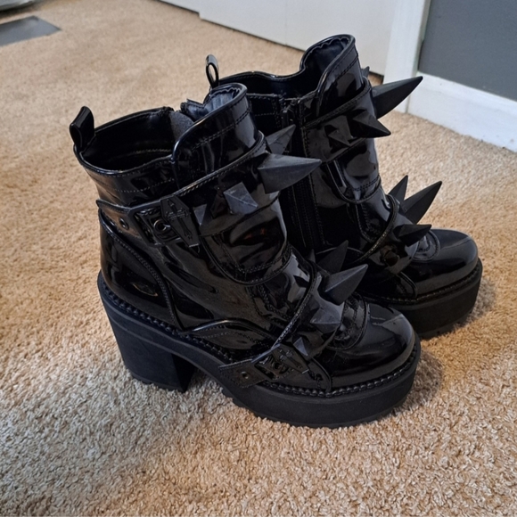 Demonia Shoes - Black Patent Spike-Embellished Women's Ankle Boots